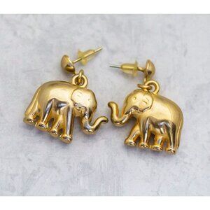 Vintage Dangle Gold Tone Earrings, Elephant Earrings, Cultural Earrings - C8